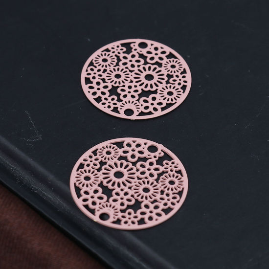 Bild von Messing Filigran Stempel Verzierung Verbinder Rund Blassrosa Blumen 20mm D., 10 Stück