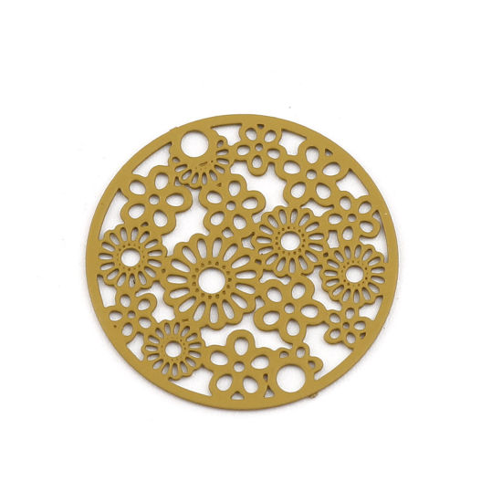 Bild von Messing Filigran Stempel Verzierung Verbinder Rund Ingwerfarben Blumen 20mm D., 10 Stück