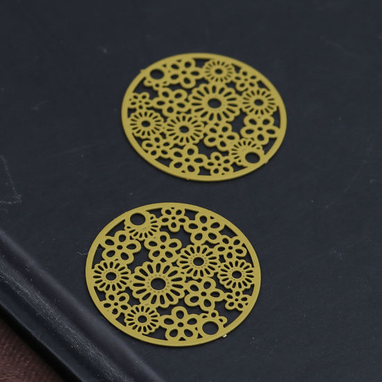 Bild von Messing Filigran Stempel Verzierung Verbinder Rund Ingwerfarben Blumen 20mm D., 10 Stück