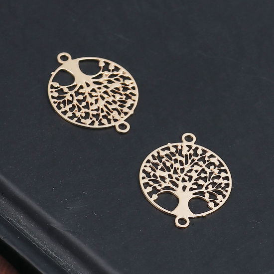 Immagine di Ottone Filigree Stamping Connettore Tondo KC Placcato Oro Albero 15mm x 12mm, 20 Pz