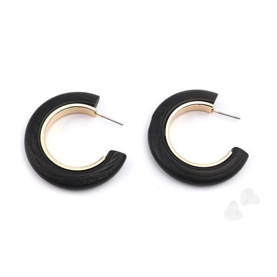 Image de Boucles d'Oreilles Créole Anneaux en Alliage de Zinc & Bois Naturel Doré Noir Forme de C 40mm x 40mm, Epaisseur de Fil: (21 gauge), 2 Pcs