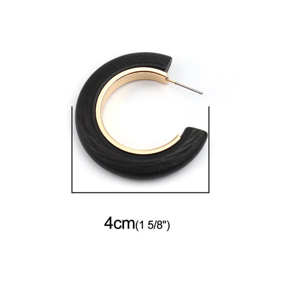Image de Boucles d'Oreilles Créole Anneaux en Alliage de Zinc & Bois Naturel Doré Noir Forme de C 40mm x 40mm, Epaisseur de Fil: (21 gauge), 2 Pcs