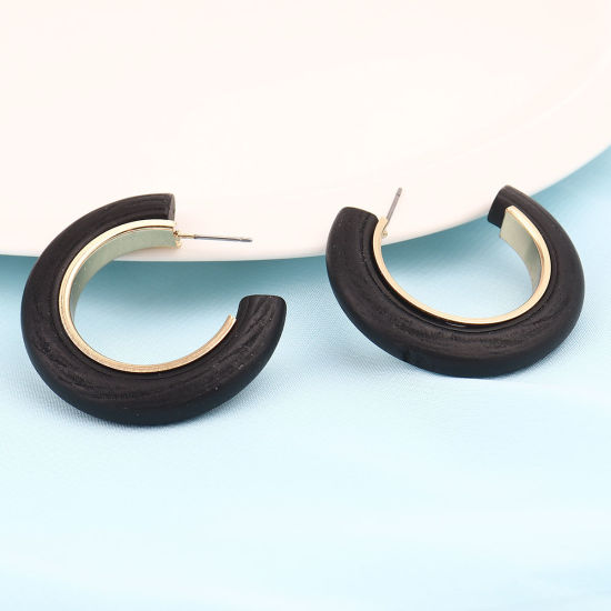 Image de Boucles d'Oreilles Créole Anneaux en Alliage de Zinc & Bois Naturel Doré Noir Forme de C 40mm x 40mm, Epaisseur de Fil: (21 gauge), 2 Pcs