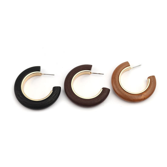 Image de Boucles d'Oreilles Créole Anneaux en Alliage de Zinc & Bois Naturel Doré Noir Forme de C 40mm x 40mm, Epaisseur de Fil: (21 gauge), 2 Pcs