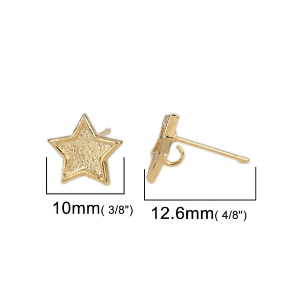 Picture of Brass Earrings 18K Real Gold Plated Pentagram Star W/ Loop (Fits 6.6mm x 6.6mm) 10mm x 10mm, Post/ Wire Size: (21 gauge), 2 PCs