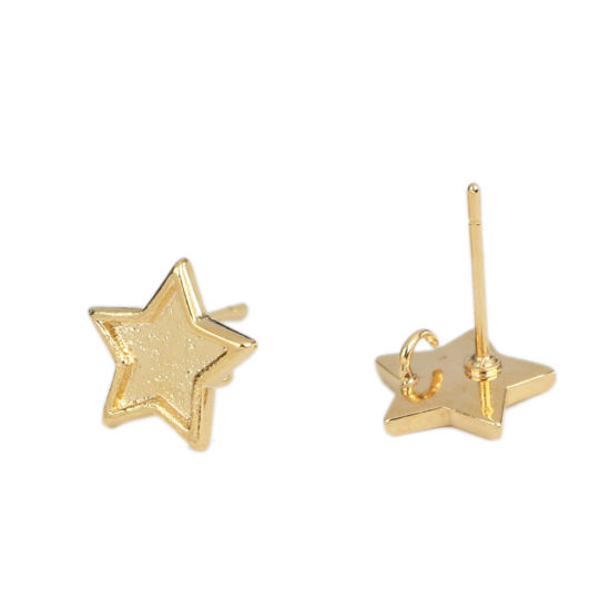 Picture of Brass Earrings 18K Real Gold Plated Pentagram Star W/ Loop (Fits 6.6mm x 6.6mm) 10mm x 10mm, Post/ Wire Size: (21 gauge), 2 PCs