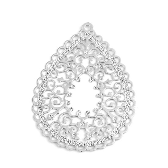 Image de Pendentifs Estampe en Filigrane en Laiton Goutte d'Eau Argent Mat 3.5cm x 2.7cm, 10 Pcs