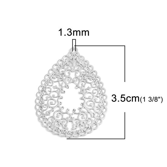 Image de Pendentifs Estampe en Filigrane en Laiton Goutte d'Eau Argent Mat 3.5cm x 2.7cm, 10 Pcs