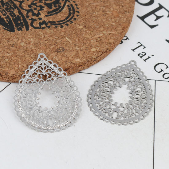 Image de Pendentifs Estampe en Filigrane en Laiton Goutte d'Eau Argent Mat 3.5cm x 2.7cm, 10 Pcs
