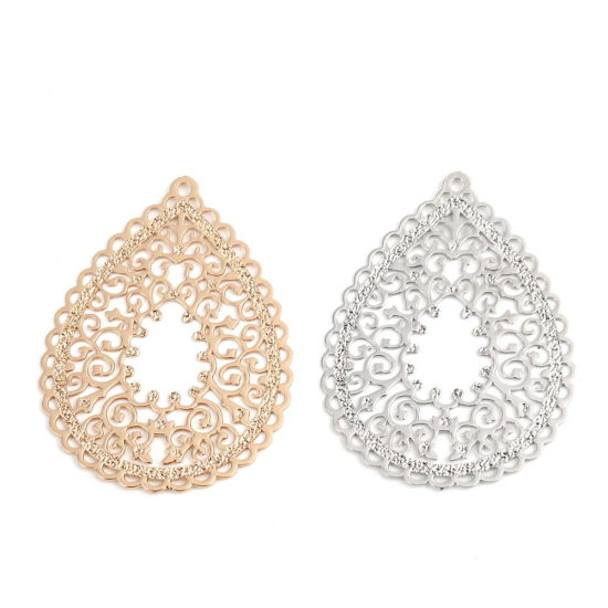 Image de Pendentifs Estampe en Filigrane en Laiton Goutte d'Eau Argent Mat 3.5cm x 2.7cm, 10 Pcs