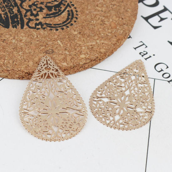 Immagine di Ottone Filigree Stamping Ciondoli Oro Placcato Goccia 4cm x 2.7cm, 10 Pz