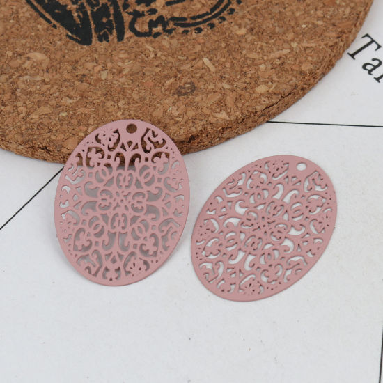 Picture of Brass Pendants Pink Oval Filigree 3.1cm x 2.4cm, 10 PCs