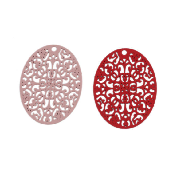 Picture of Brass Pendants Pink Oval Filigree 3.1cm x 2.4cm, 10 PCs