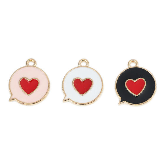 Image de Breloques en Alliage de Zinc Rond Doré Noir & Rouge Cœur Émail 17mm x 14mm, 20 Pcs