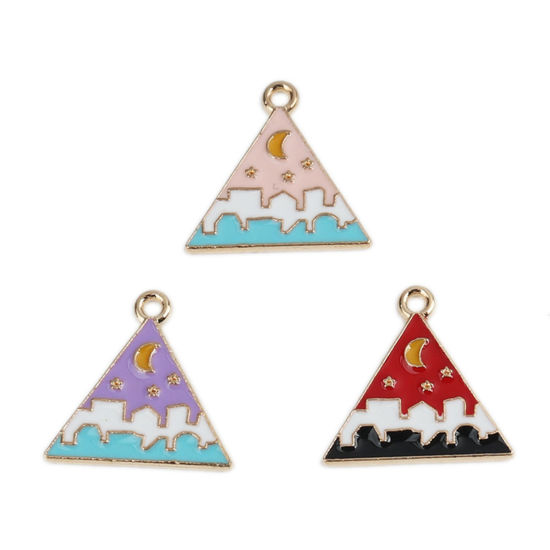 Bild von Zinklegierung Charms Dreieck Vergoldet Bunt Mond Emaille 20mm x 19mm, 10 Stück