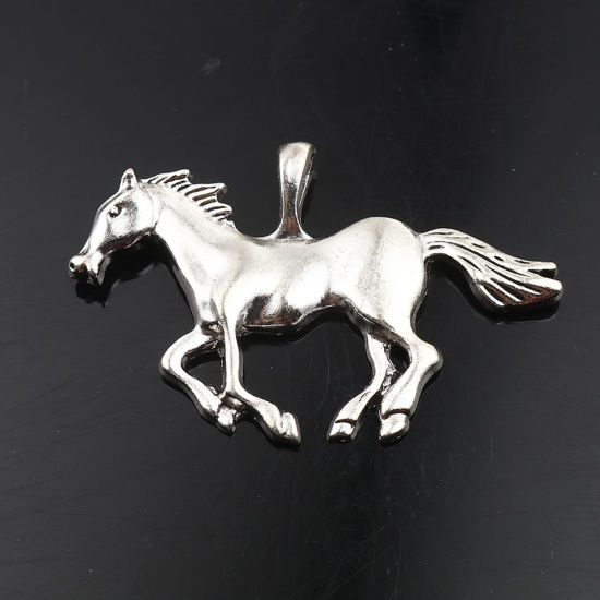 Image de 5 Pcs Pendentifs en Alliage de Zinc Argent Vieilli Cheval 6.3cm x 4cm