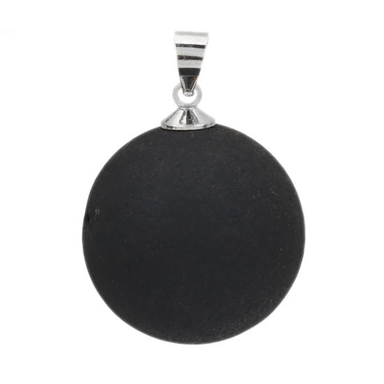 Image de 1 Pièce (Classement A) Pendentif Breloque Druzy en Laiton & Agate ( Naturel ) Rond Argent Mat Gris-Noir Couleur AB 29mm x 20mm