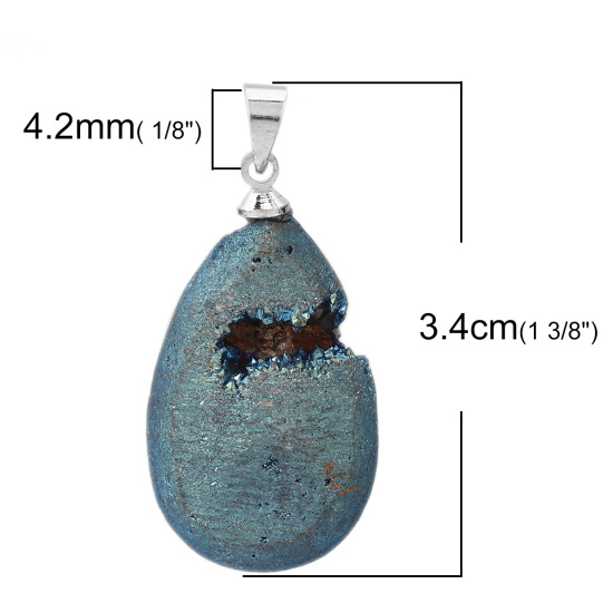 (グレードA) 真鍮+アゲート ( 天然 ) ドゥルージー ペンダント 滴 ドロップ シルバートーン 青 ABカラー 3.4cm x 1.7cm、 1 個 の画像