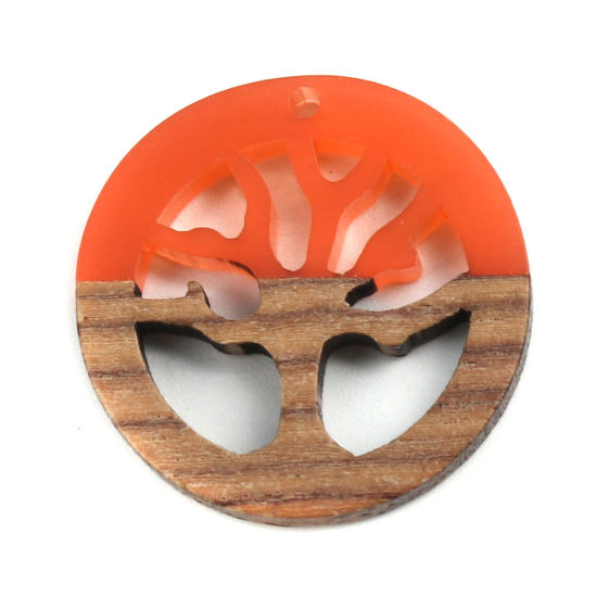 Image de Breloques Résine à Effet de Bois Naturel Rond Orange Arbres 28mm Dia, 2 Pcs