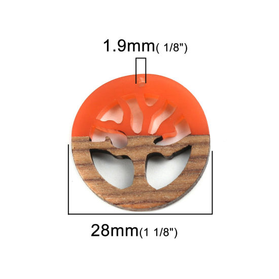 Image de Breloques Résine à Effet de Bois Naturel Rond Orange Arbres 28mm Dia, 2 Pcs