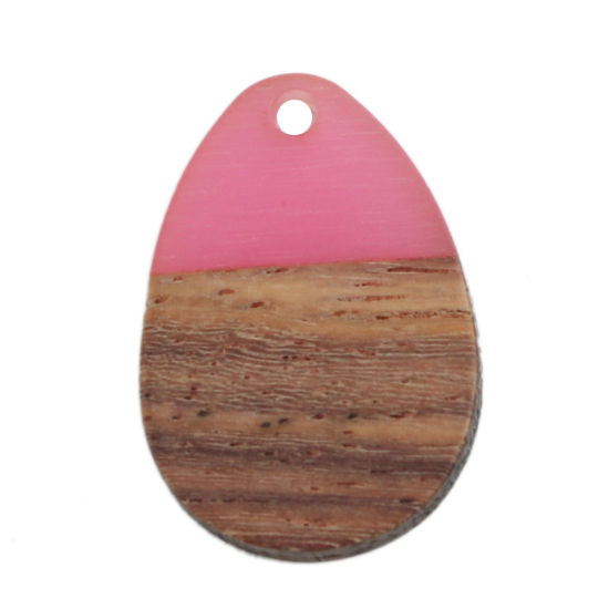 Image de Breloques Résine à Effet de Bois Naturel Goutte d'Eau Fuchsia 25mm x 17mm, 5 Pcs