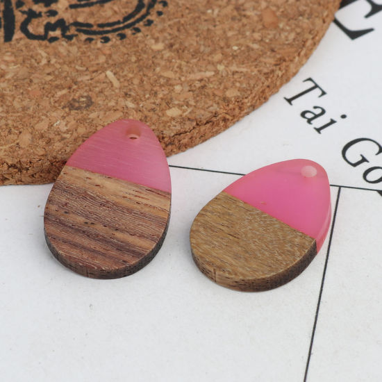 Image de Breloques Résine à Effet de Bois Naturel Goutte d'Eau Fuchsia 25mm x 17mm, 5 Pcs