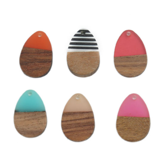Image de Breloques Résine à Effet de Bois Naturel Goutte d'Eau Fuchsia 25mm x 17mm, 5 Pcs