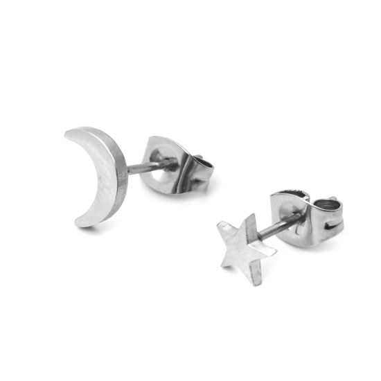 Image de Boucles d'Oreilles Puces en 304 Acier Inoxydable Argent Mat Demi Lune Etoile 8mm x 5mm - 6mm x 6mm , Epaisseur de Fil: (21 gauge), 1 Paire