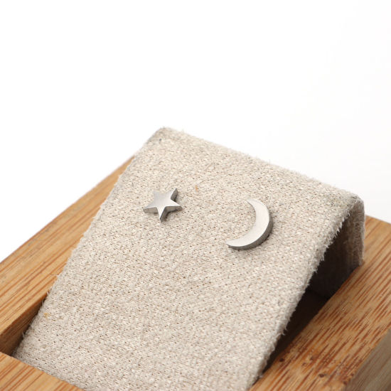 Image de Boucles d'Oreilles Puces en 304 Acier Inoxydable Argent Mat Demi Lune Etoile 8mm x 5mm - 6mm x 6mm , Epaisseur de Fil: (21 gauge), 1 Paire