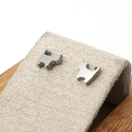 Image de Boucles d'Oreilles Puces en 304 Acier Inoxydable Argent Mat Chat 8mm x 8mm , Epaisseur de Fil: (21 gauge), 1 Paire