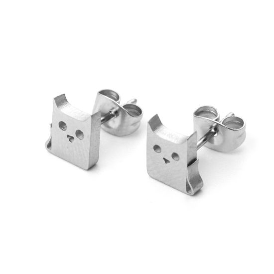 Image de Boucles d'Oreilles Puces en 304 Acier Inoxydable Argent Mat Chat 8mm x 7mm , Epaisseur de Fil: (21 gauge), 1 Paire