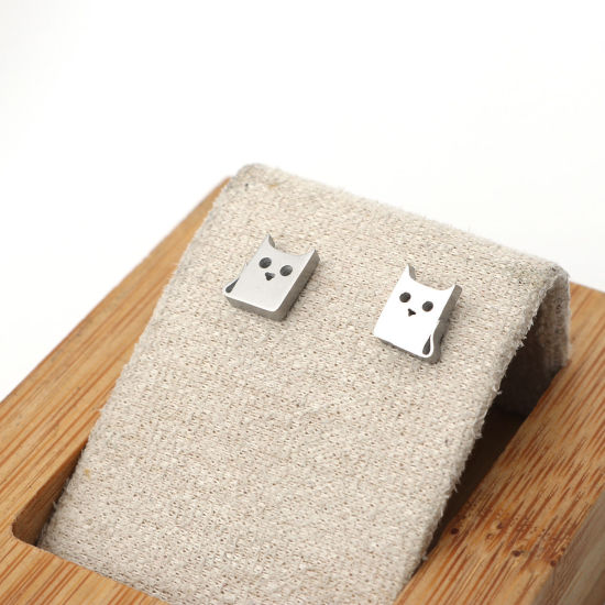 Image de Boucles d'Oreilles Puces en 304 Acier Inoxydable Argent Mat Chat 8mm x 7mm , Epaisseur de Fil: (21 gauge), 1 Paire
