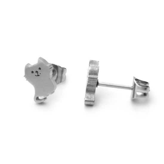 Image de Boucles d'Oreilles Puces en 304 Acier Inoxydable Argent Mat Chat 8mm x 7mm , Epaisseur de Fil: (21 gauge), 1 Paire