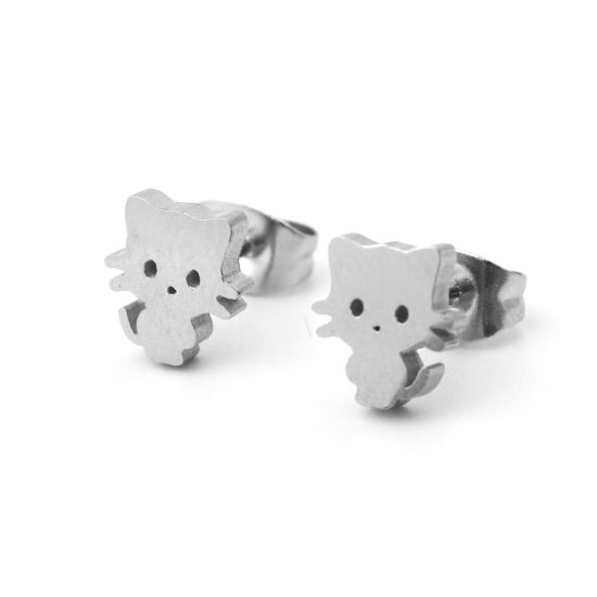 Image de Boucles d'Oreilles Puces en 304 Acier Inoxydable Argent Mat Chat 8mm x 7mm , Epaisseur de Fil: (21 gauge), 1 Paire
