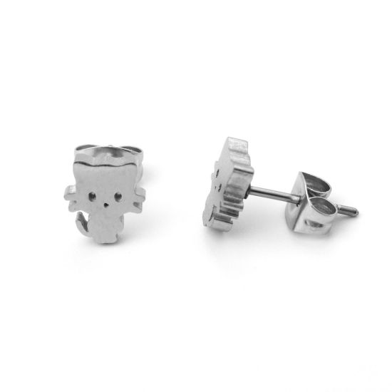 Image de Boucles d'Oreilles Puces en 304 Acier Inoxydable Argent Mat Chat 8mm x 7mm , Epaisseur de Fil: (21 gauge), 1 Paire
