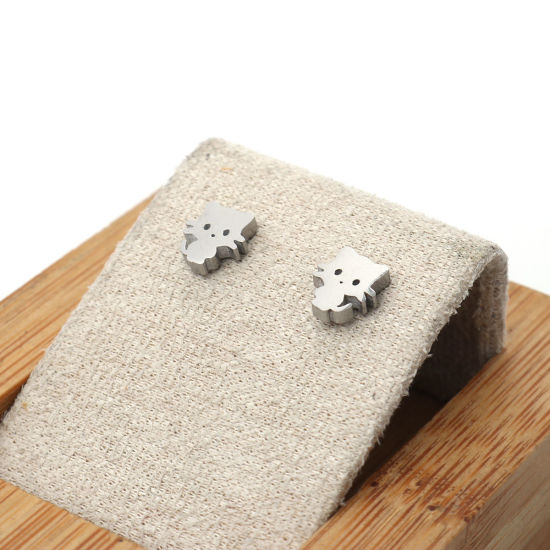 Image de Boucles d'Oreilles Puces en 304 Acier Inoxydable Argent Mat Chat 8mm x 7mm , Epaisseur de Fil: (21 gauge), 1 Paire