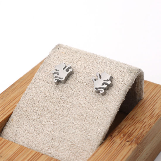 Image de Boucles d'Oreilles Puces en 304 Acier Inoxydable Argent Mat Chat 8mm x 7mm , Epaisseur de Fil: (21 gauge), 1 Paire