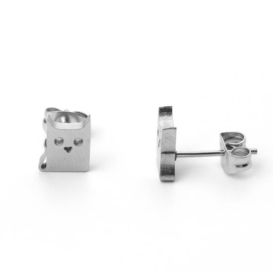 Image de Boucles d'Oreilles Puces en 304 Acier Inoxydable Argent Mat Chat 8mm x 7mm , Epaisseur de Fil: (21 gauge), 1 Paire