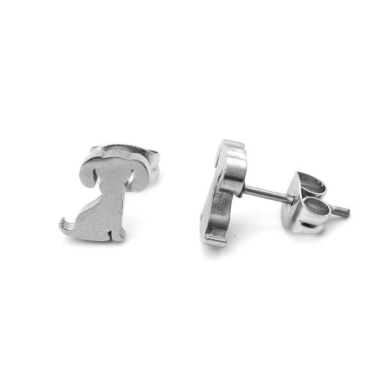 Image de Boucles d'Oreilles Puces en 304 Acier Inoxydable Argent Mat Chien 8mm x 6mm , Epaisseur de Fil: (21 gauge), 1 Paire
