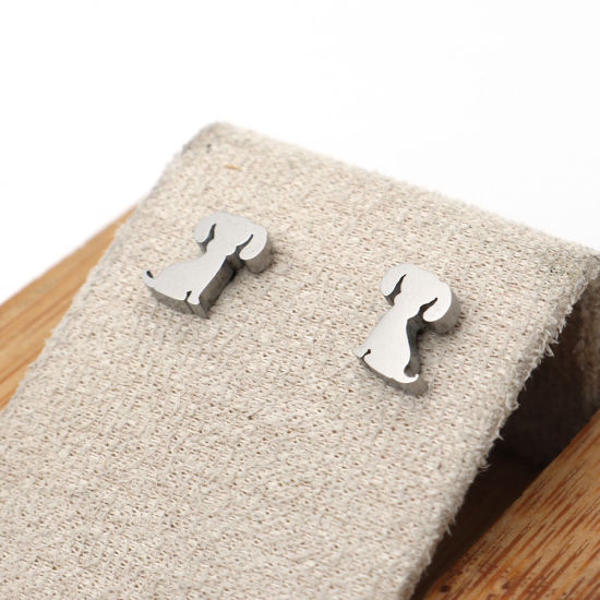 Image de Boucles d'Oreilles Puces en 304 Acier Inoxydable Argent Mat Chien 8mm x 6mm , Epaisseur de Fil: (21 gauge), 1 Paire