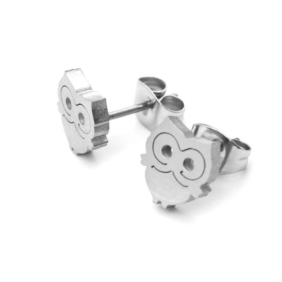 Image de Boucles d'Oreilles Puces en 304 Acier Inoxydable Argent Mat Hibou 8mm x 8mm , Epaisseur de Fil: (21 gauge), 1 Paire