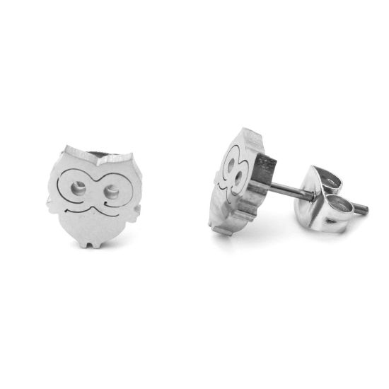 Image de Boucles d'Oreilles Puces en 304 Acier Inoxydable Argent Mat Hibou 8mm x 8mm , Epaisseur de Fil: (21 gauge), 1 Paire