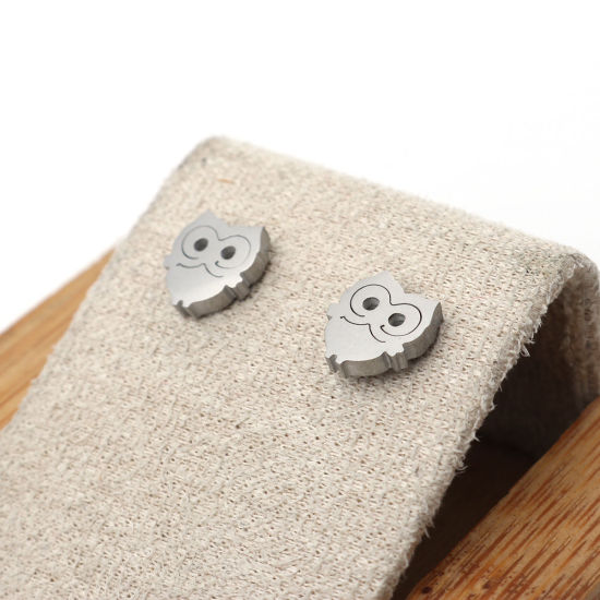 Image de Boucles d'Oreilles Puces en 304 Acier Inoxydable Argent Mat Hibou 8mm x 8mm , Epaisseur de Fil: (21 gauge), 1 Paire