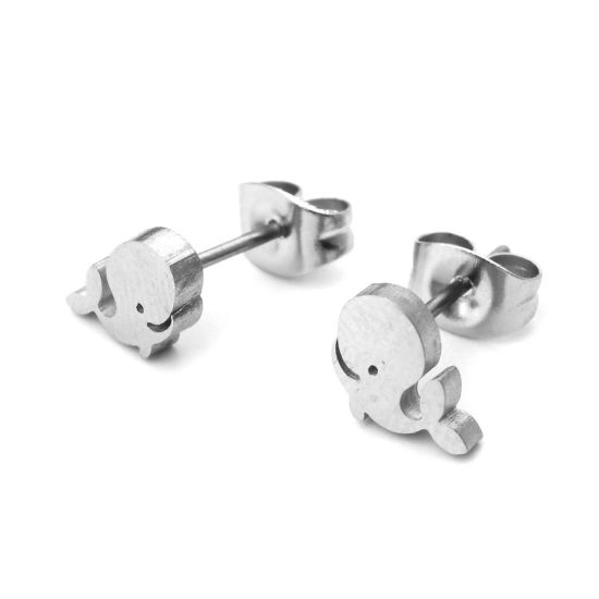 Image de Boucles d'Oreilles Puces en 304 Acier Inoxydable Bijoux d'Océan Argent Mat Baleine 7mm x 6mm , Epaisseur de Fil: (21 gauge), 1 Paire