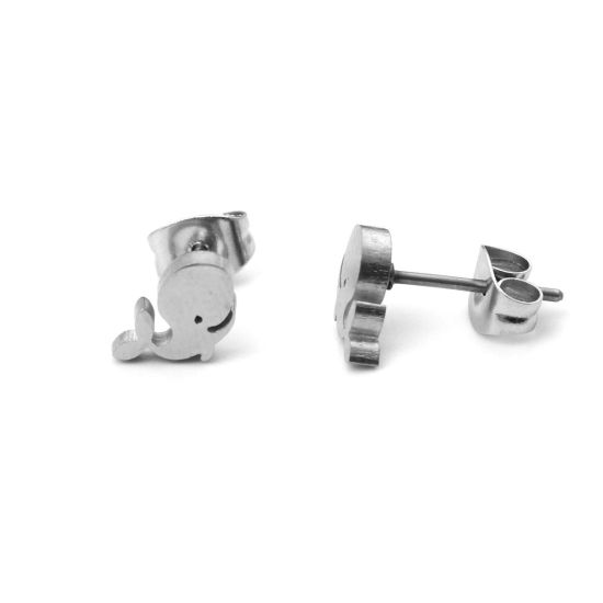 Image de Boucles d'Oreilles Puces en 304 Acier Inoxydable Bijoux d'Océan Argent Mat Baleine 7mm x 6mm , Epaisseur de Fil: (21 gauge), 1 Paire