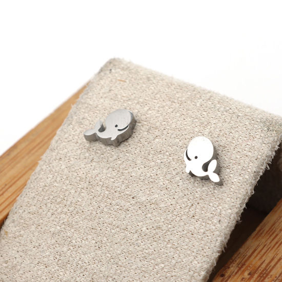 Image de Boucles d'Oreilles Puces en 304 Acier Inoxydable Bijoux d'Océan Argent Mat Baleine 7mm x 6mm , Epaisseur de Fil: (21 gauge), 1 Paire