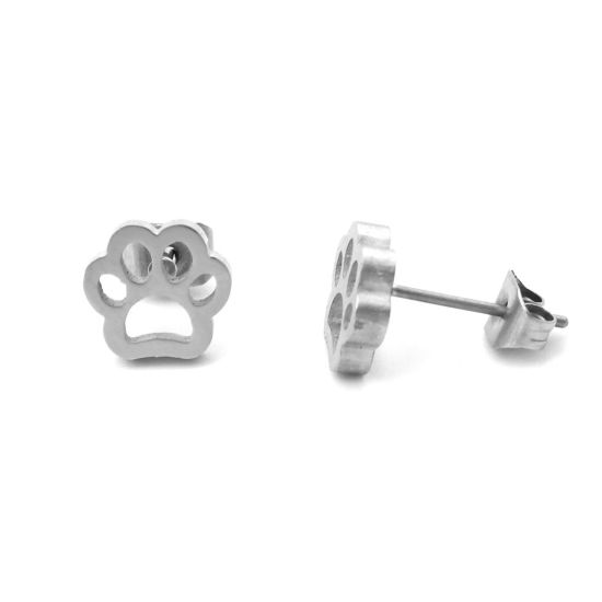 Image de Boucles d'Oreilles Puces en 304 Acier Inoxydable Mémorial d'Animaux Domestiques Argent Mat Chat Griffe 8mm x 8mm , Epaisseur de Fil: (21 gauge), 1 Paire