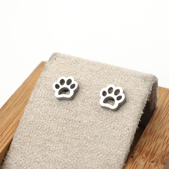Image de Boucles d'Oreilles Puces en 304 Acier Inoxydable Mémorial d'Animaux Domestiques Argent Mat Chat Griffe 8mm x 8mm , Epaisseur de Fil: (21 gauge), 1 Paire