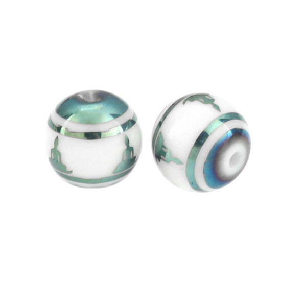 Immagine di Vetro Sciolto Religione Perline Budda Blu & Verde Tondo Circa 10mm Dia, Foro: Circa 1.4mm, 20 Pz