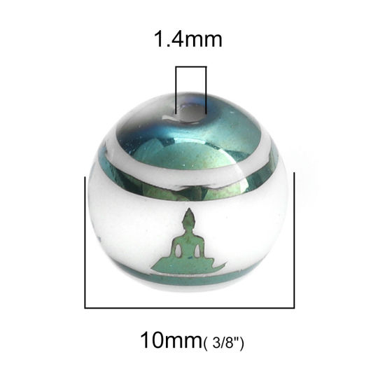 Immagine di Vetro Sciolto Religione Perline Budda Blu & Verde Tondo Circa 10mm Dia, Foro: Circa 1.4mm, 20 Pz